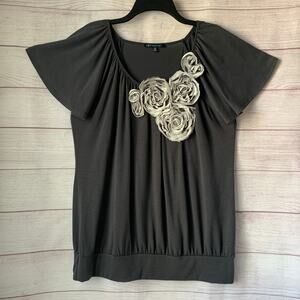 Blu Heaven Gray Blouse White Rosettes Flutter Sleeves Size 2X